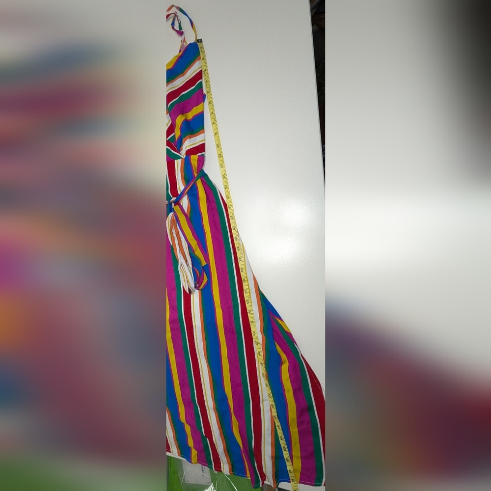 SEE DETAILS - NWT Francesca's Blue Rain Large Rainbow Dress w/ Belted Waist Tie - Picture 14 of 16